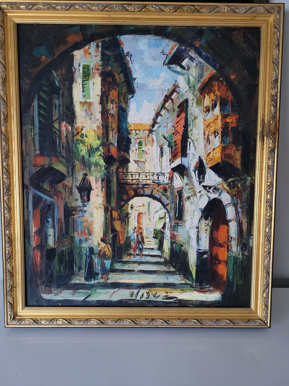 European Street Scene Oil Painting in Multicolor by Daniel Dufresne